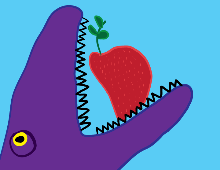 purple dinosaur eatining a huge strawberry