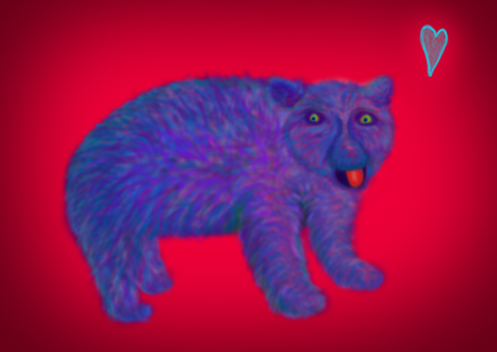 blue bear on red background with a floating heart